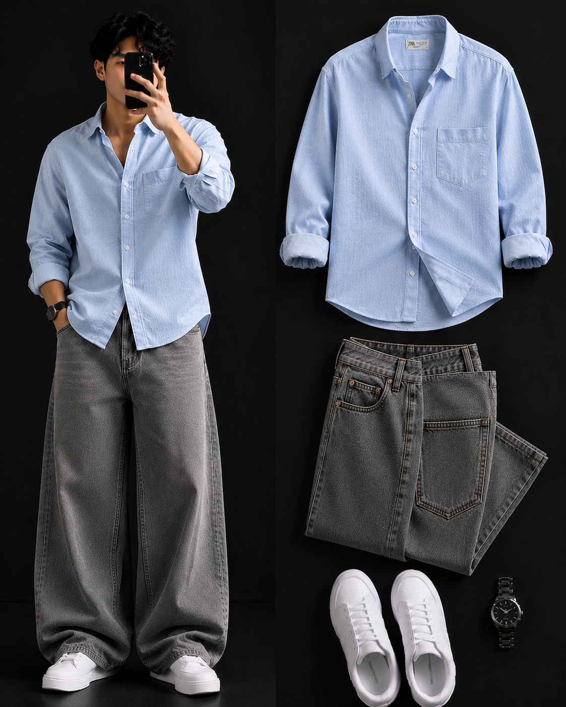 Men's Casual Shirt with Grey Baggy Jeans – Trendy College Outfit Set