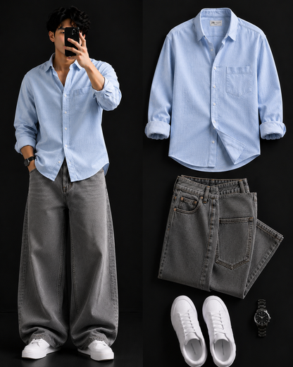 Men's Casual Shirt with Grey Baggy Jeans – Trendy College Outfit Set