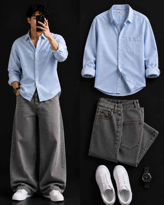 Men's Casual Shirt with Grey Baggy Jeans – Trendy College Outfit Set
