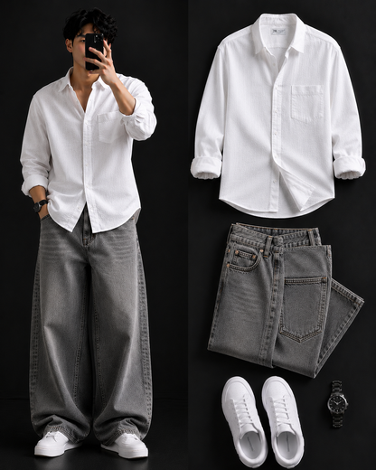 Men's Casual Shirt with Grey Baggy Jeans – Trendy College Outfit Set