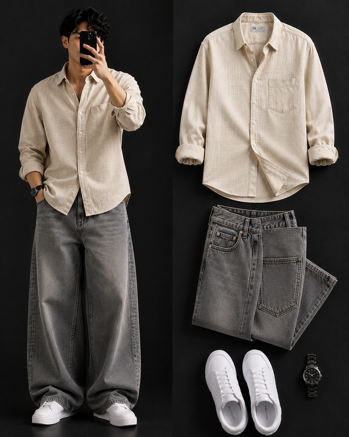 Men's Casual Shirt with Grey Baggy Jeans – Trendy College Outfit Set