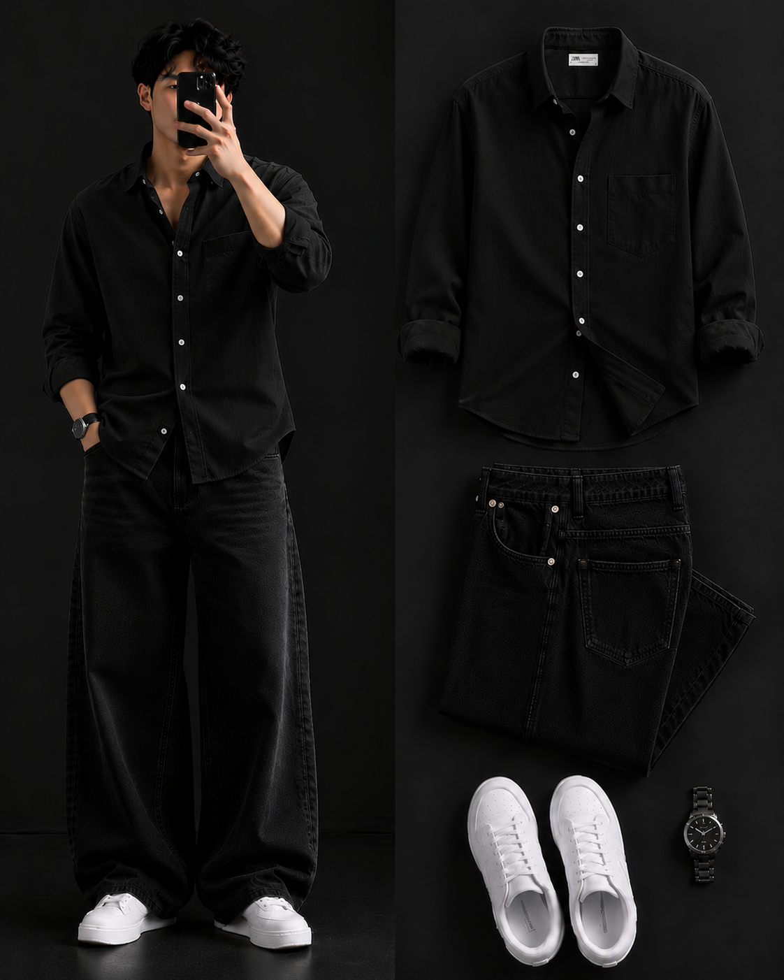 Men's Casual Shirt with Black Loose Fit Jeans – Trendy College Outfit Set