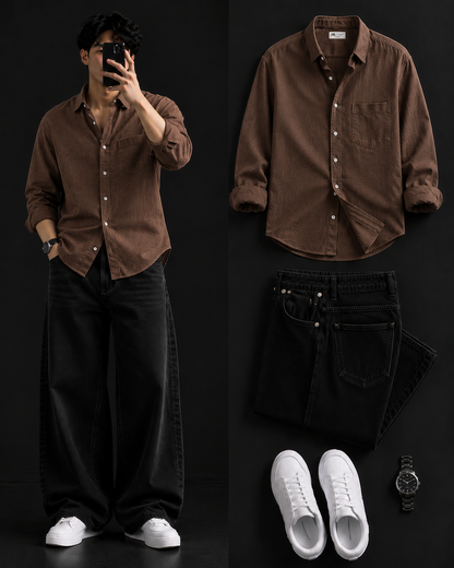 Men's Casual Shirt with Black Loose Fit Jeans – Trendy College Outfit Set