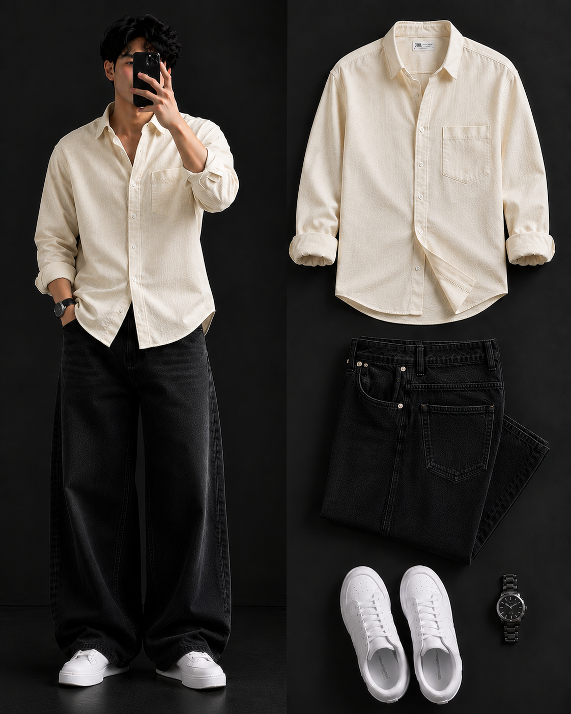 Men's Casual Shirt with Black Loose Fit Jeans – Trendy College Outfit Set