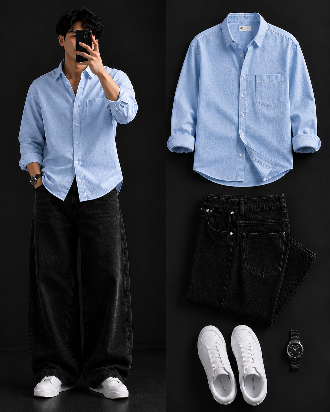 Men's Casual Shirt with Black Loose Fit Jeans – Trendy College Outfit Set