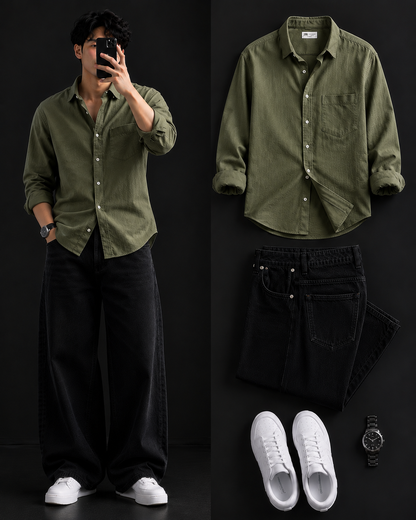 Men's Casual Shirt with Black Loose Fit Jeans – Trendy College Outfit Set
