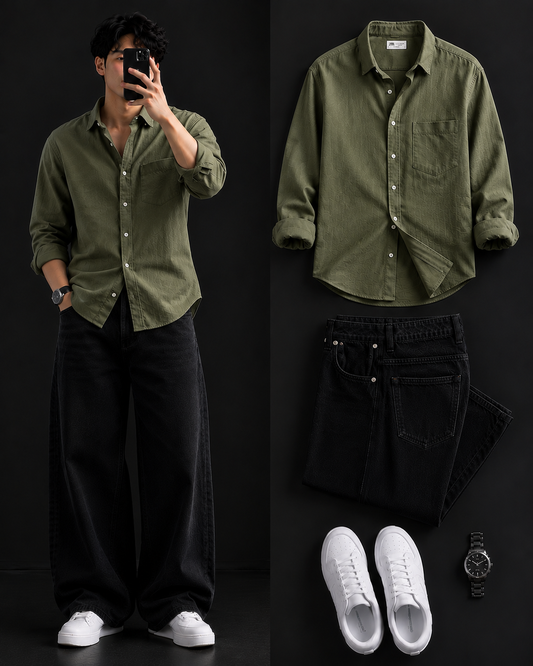 Men's Casual Shirt with Black Loose Fit Jeans – Trendy College Outfit Set