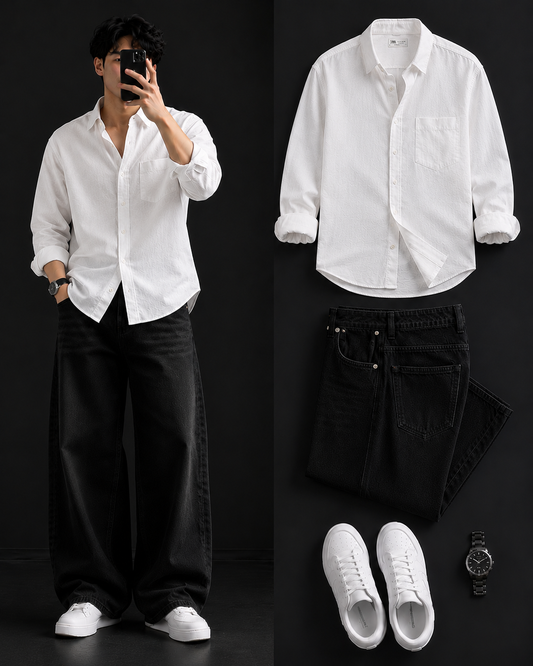 Men's Casual Shirt with Black Loose Fit Jeans – Trendy College Outfit Set