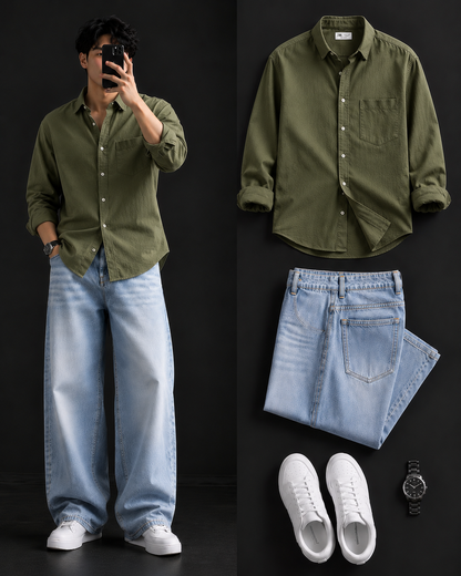 Men's Casual Shirt with Ice Blue Baggy Jeans – Trendy College Outfit Set