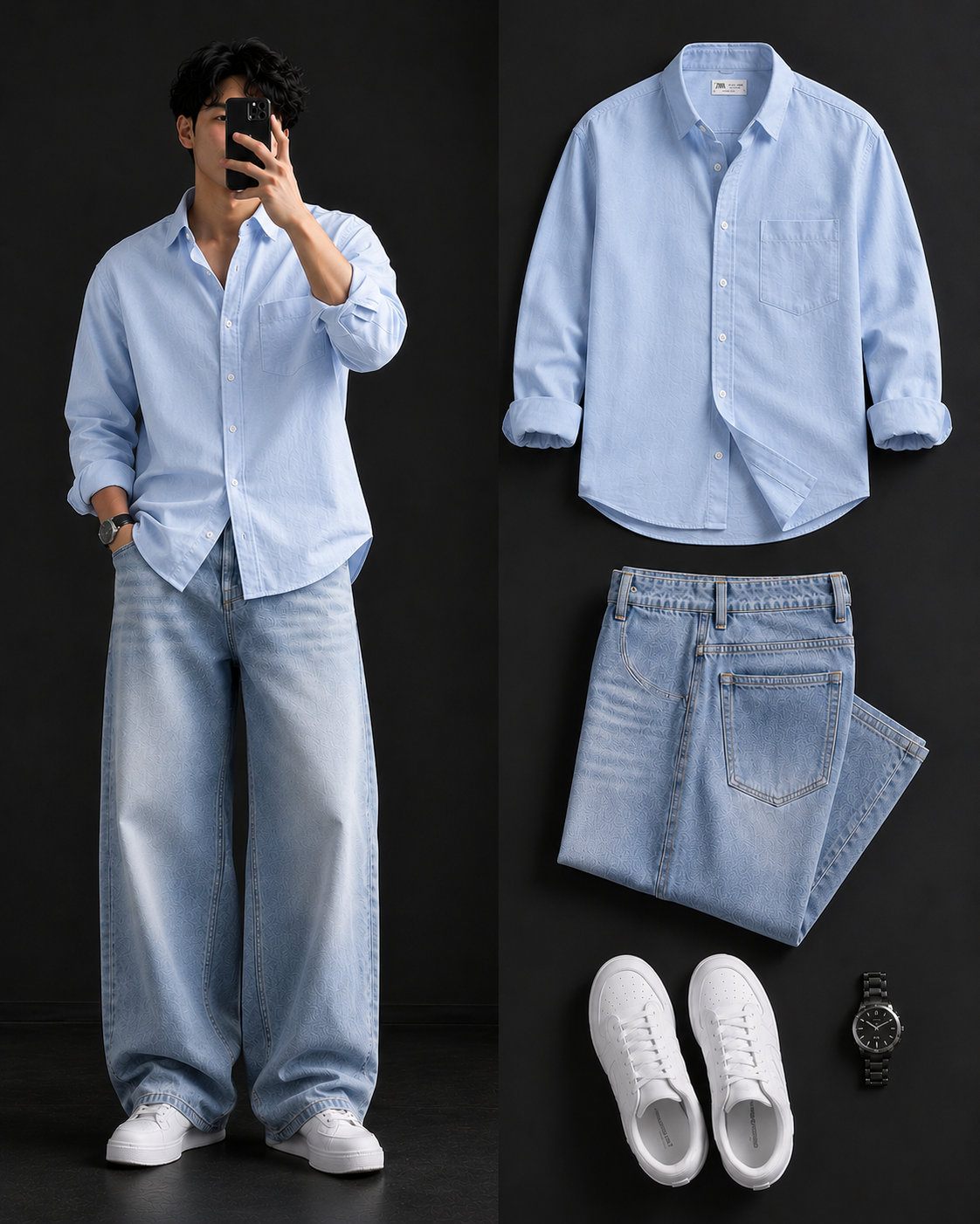 Men's Casual Shirt with Ice Blue Baggy Jeans – Trendy College Outfit Set