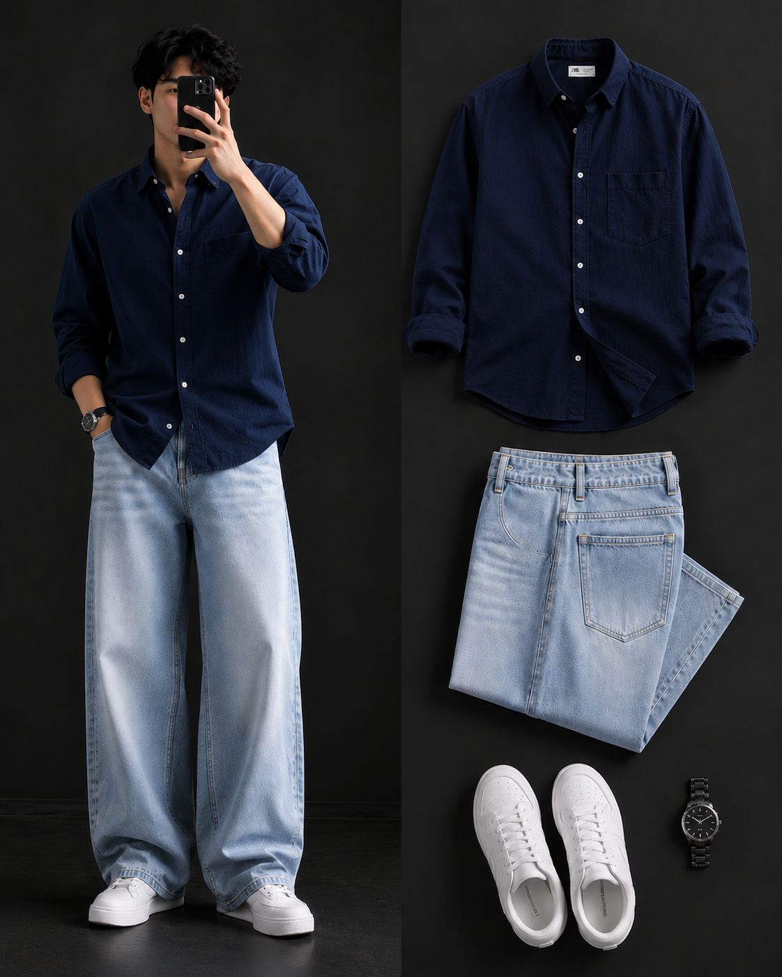 Men's Casual Shirt with Ice Blue Baggy Jeans – Trendy College Outfit Set