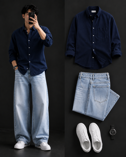 Men's Casual Shirt with Ice Blue Baggy Jeans – Trendy College Outfit Set