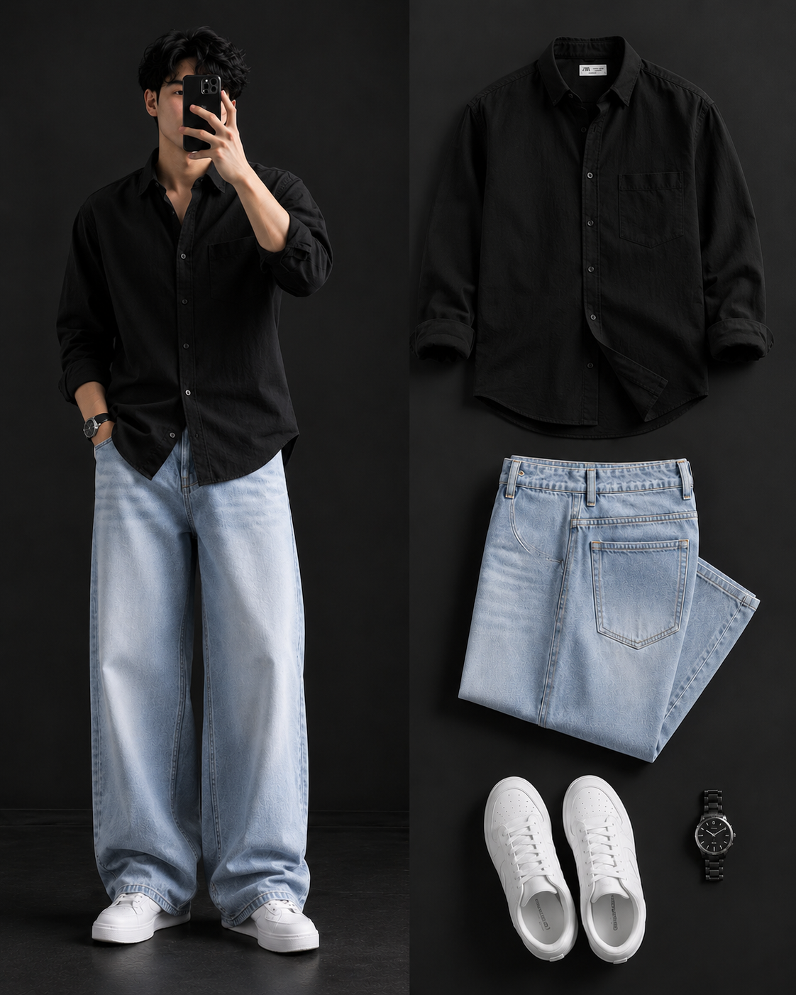 Men's Casual Shirt with Ice Blue Baggy Jeans – Trendy College Outfit Set