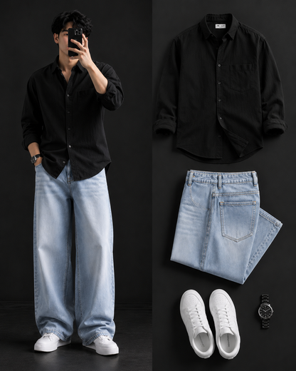 Men's Casual Shirt with Ice Blue Baggy Jeans – Trendy College Outfit Set