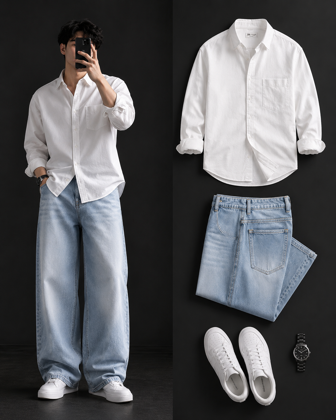 Men's Casual Shirt with Ice Blue Baggy Jeans – Trendy College Outfit Set