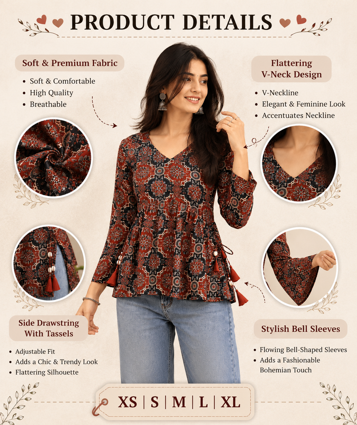 Women’s Printed Peplum Kurti with Side Tassels