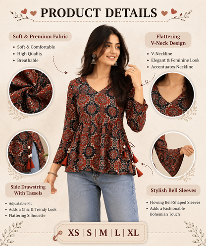 Women’s Printed Peplum Kurti with Side Tassels