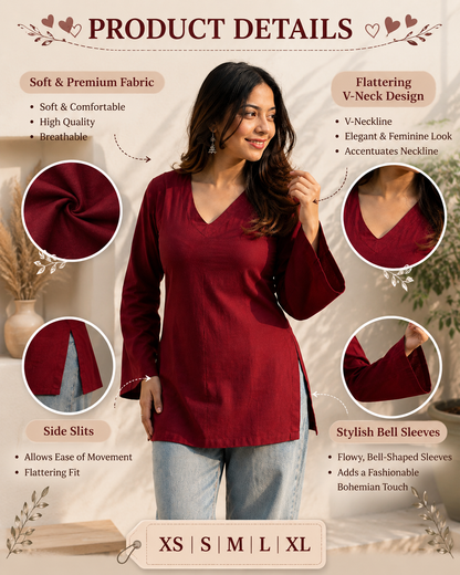 Women’s Maroon V-Neck Bell Sleeve Casual Kurti
