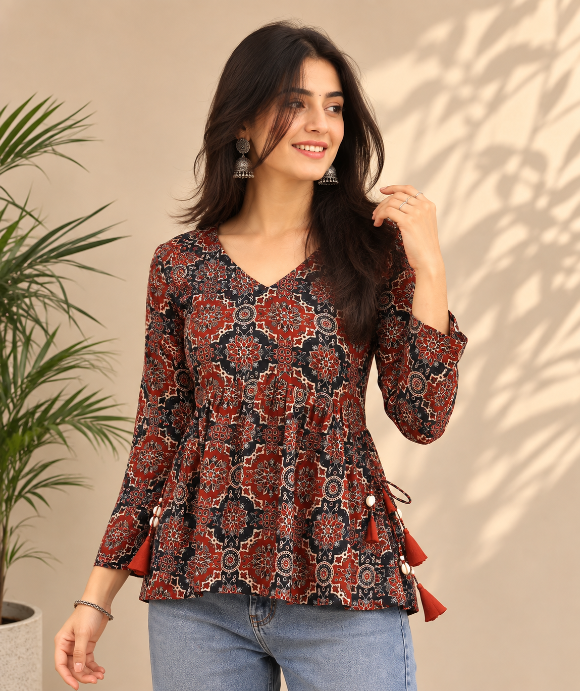 Women’s Printed Peplum Kurti with Side Tassels