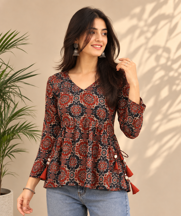 Women’s Printed Peplum Kurti with Side Tassels