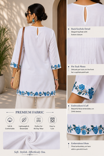 White Floral Border Pleated Front Kurti for Women