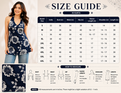 Navy Blue Floral Printed Halter Neck Top for Women