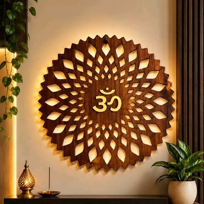 Om Mandala Wooden Wall Decor with Warm LED Backlight – 12 × 12 Inch
