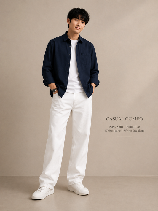 Men's Navy Casual Shirt Combo with White T-Shirt, White Wide-Leg Jeans & White Sneakers – Premium Smart Casual Outfit Set