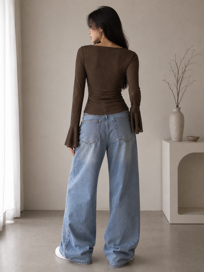 Chocolate Brown Textured Cowl Neck Flare Sleeve Top