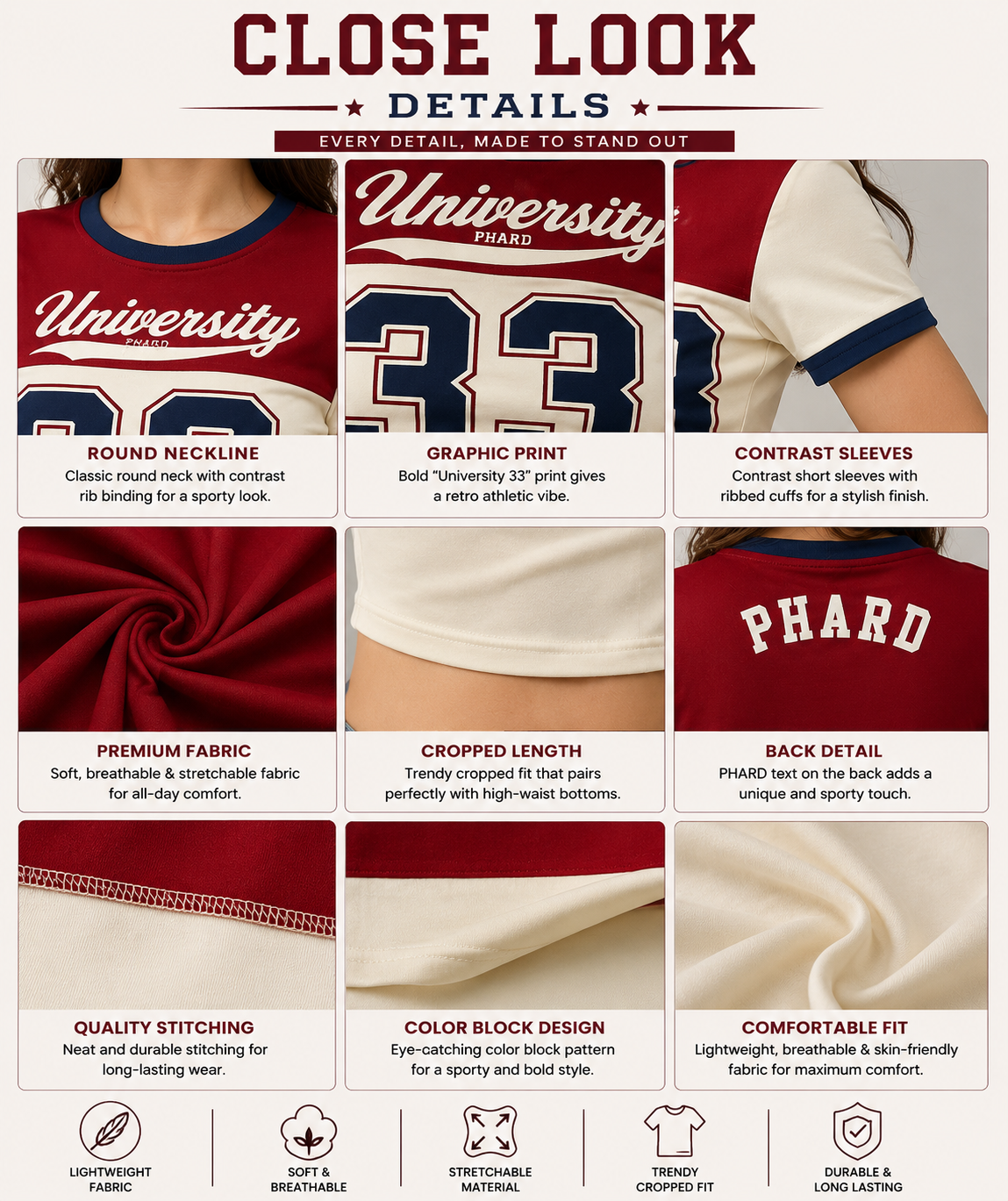 Red & White University 33 Cropped Racer Tee