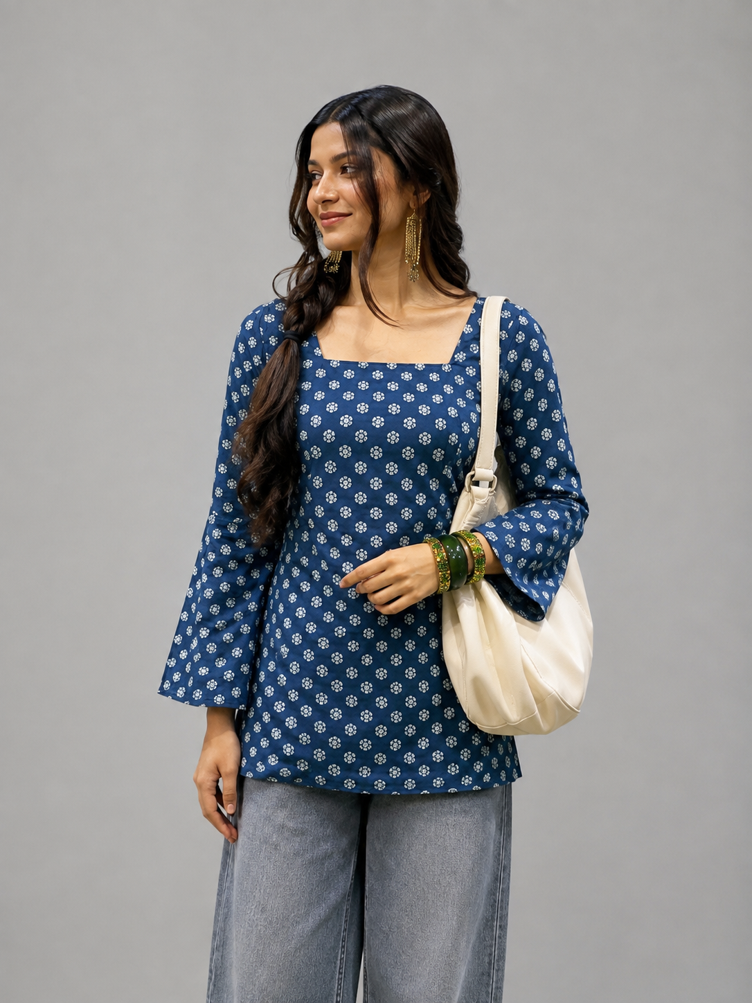 Women’s Blue Printed Kurti | Elegant Polka Print Casual & College Wear