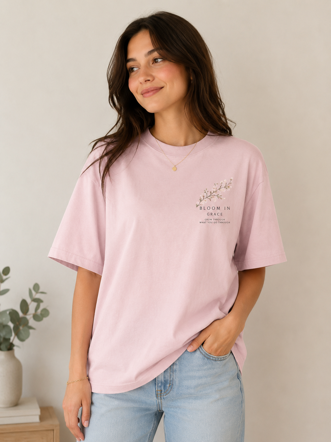 Bloom In Your Own Season Pink Oversized Graphic Printed T-Shirt for Women