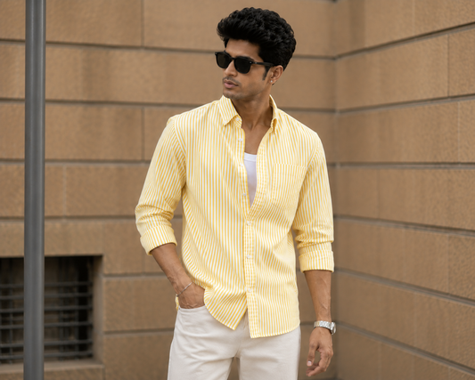 Premium Yellow & White Striped Men's Casual Shirt