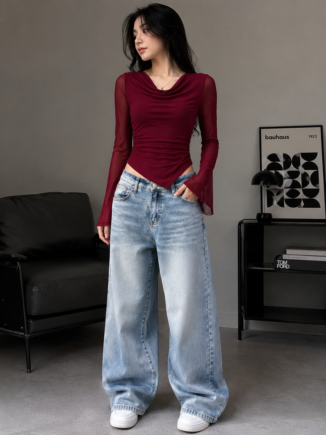 Burgundy Cowl Neck Top with Mesh Bell Sleeves