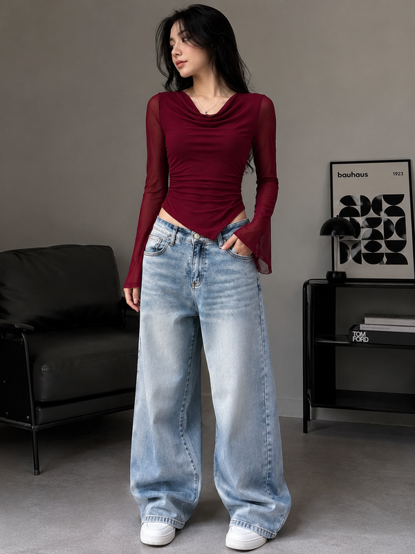 Burgundy Cowl Neck Top with Mesh Bell Sleeves