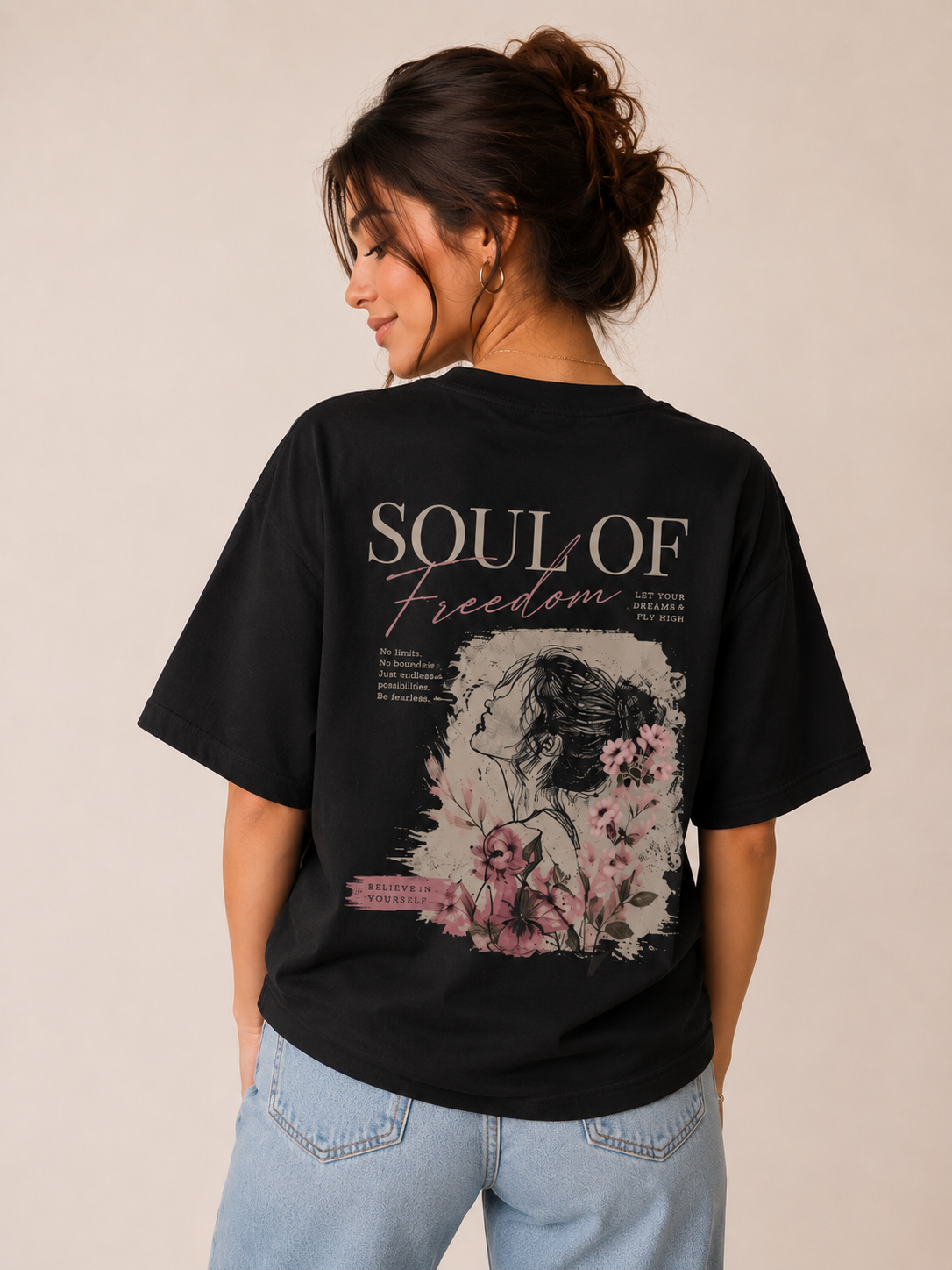 Soul of Freedom Black Oversized Graphic Printed T-Shirt for Women