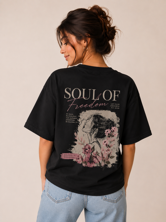 Soul of Freedom Black Oversized Graphic Printed T-Shirt for Women