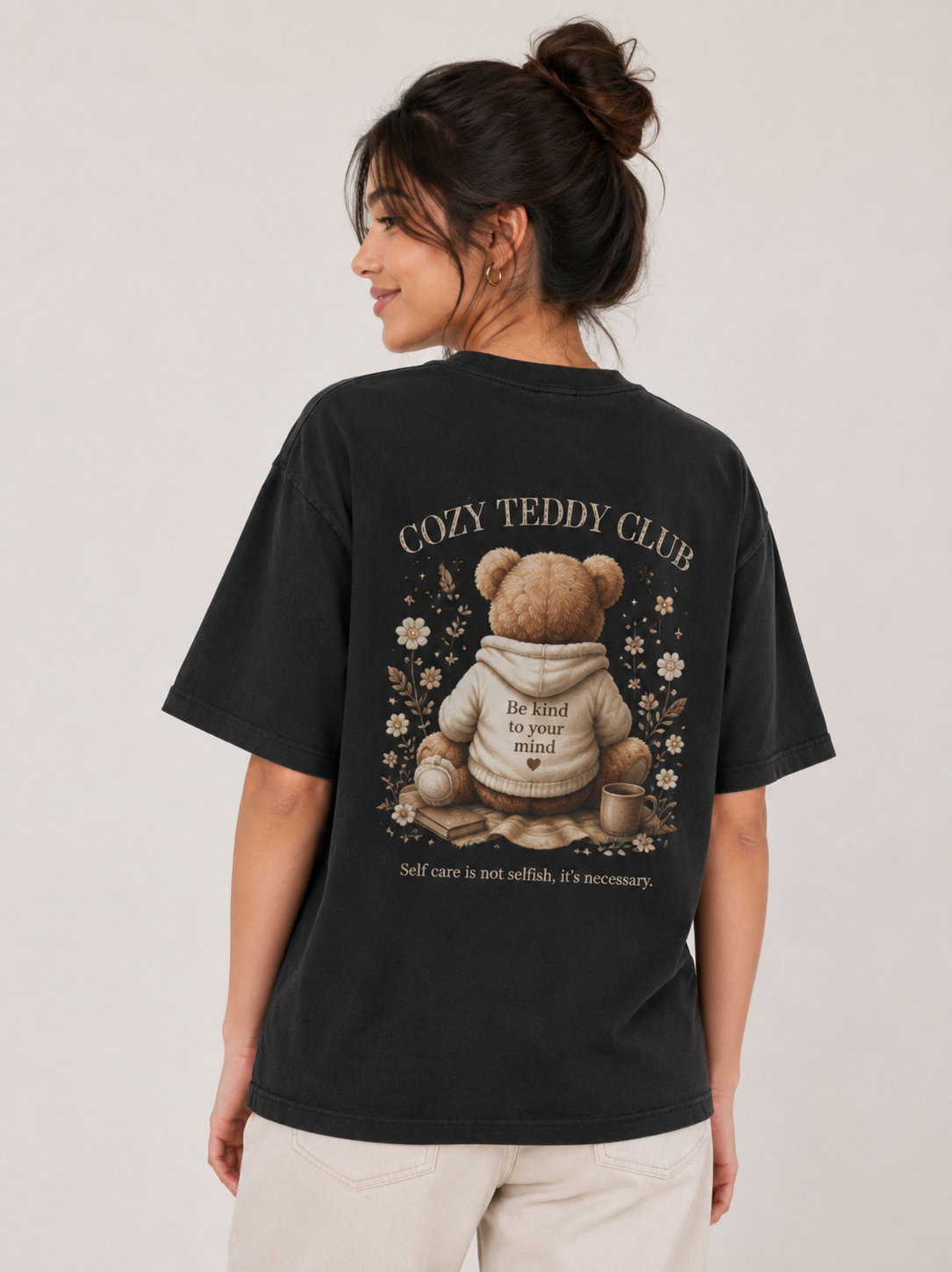 Cozy Teddy Club Oversized Graphic Printed T-Shirt – Black