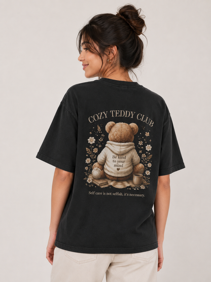 Cozy Teddy Club Oversized Graphic Printed T-Shirt – Black