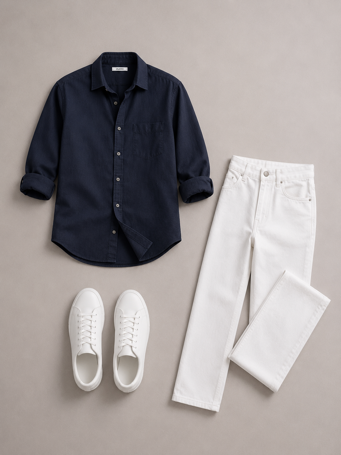 Men's Navy Blue Casual Shirt Combo with White Jeans & White Sneakers – Modern Smart Casual Outfit Set