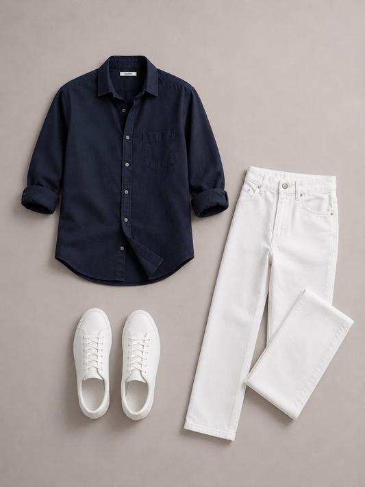 Men's Navy Blue Casual Shirt Combo with White Jeans & White Sneakers – Modern Smart Casual Outfit Set