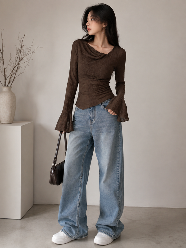 Chocolate Brown Textured Cowl Neck Flare Sleeve Top