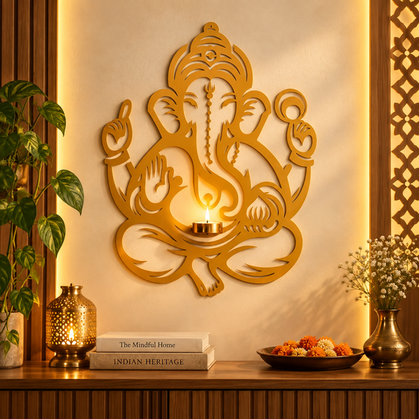 Golden Ganesha Wall Decor with Diya – Elegant Spiritual Decoration