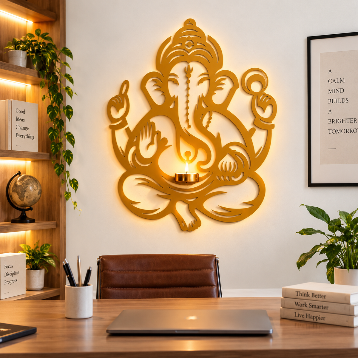 Golden Ganesha Wall Decor with Diya – Elegant Spiritual Decoration