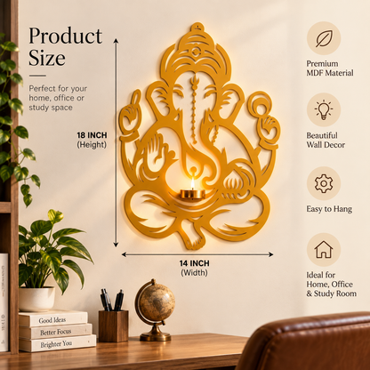 Golden Ganesha Wall Decor with Diya – Elegant Spiritual Decoration