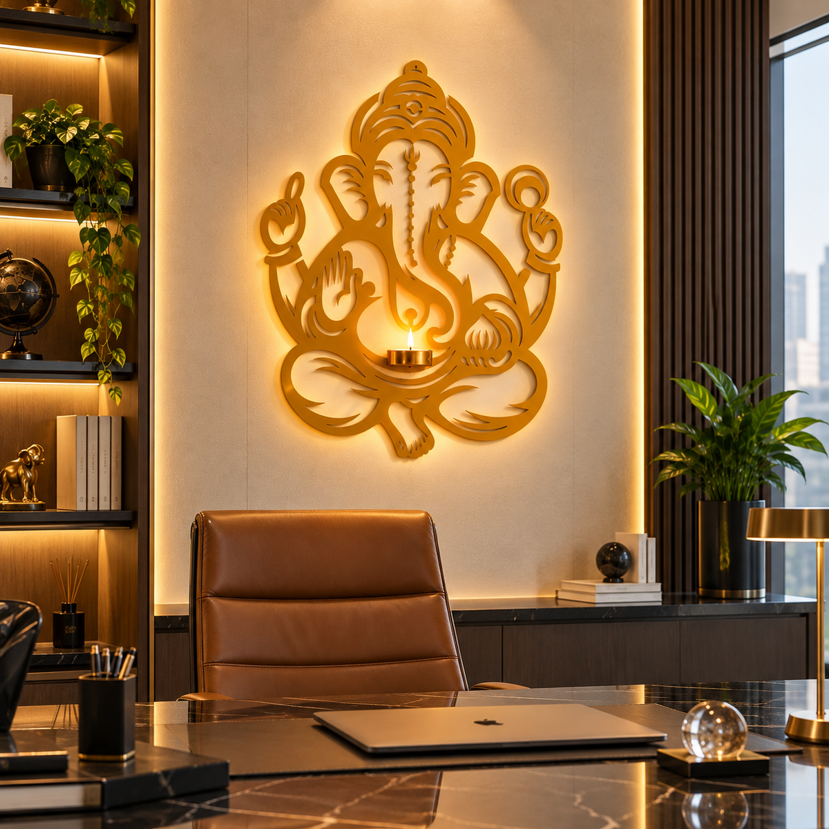 Golden Ganesha Wall Decor with Diya – Elegant Spiritual Decoration