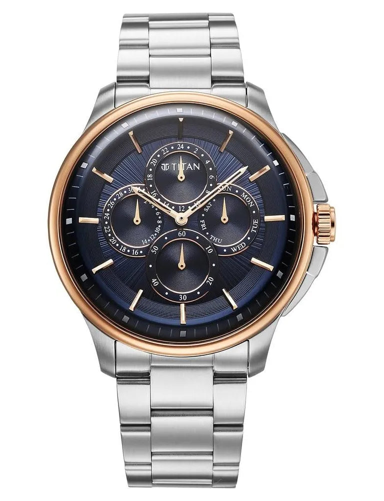 Titan Men's Multifunction Analog Watch – Blue Sunray Dial with Silver & Rose Gold Stainless Steel Strap | Premium Chronograph-Style Design