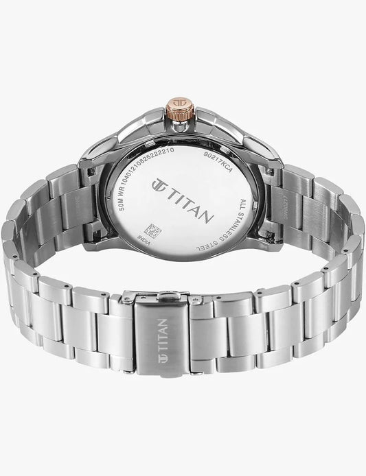 Titan Men's Multifunction Analog Watch – Blue Sunray Dial with Silver & Rose Gold Stainless Steel Strap | Premium Chronograph-Style Design