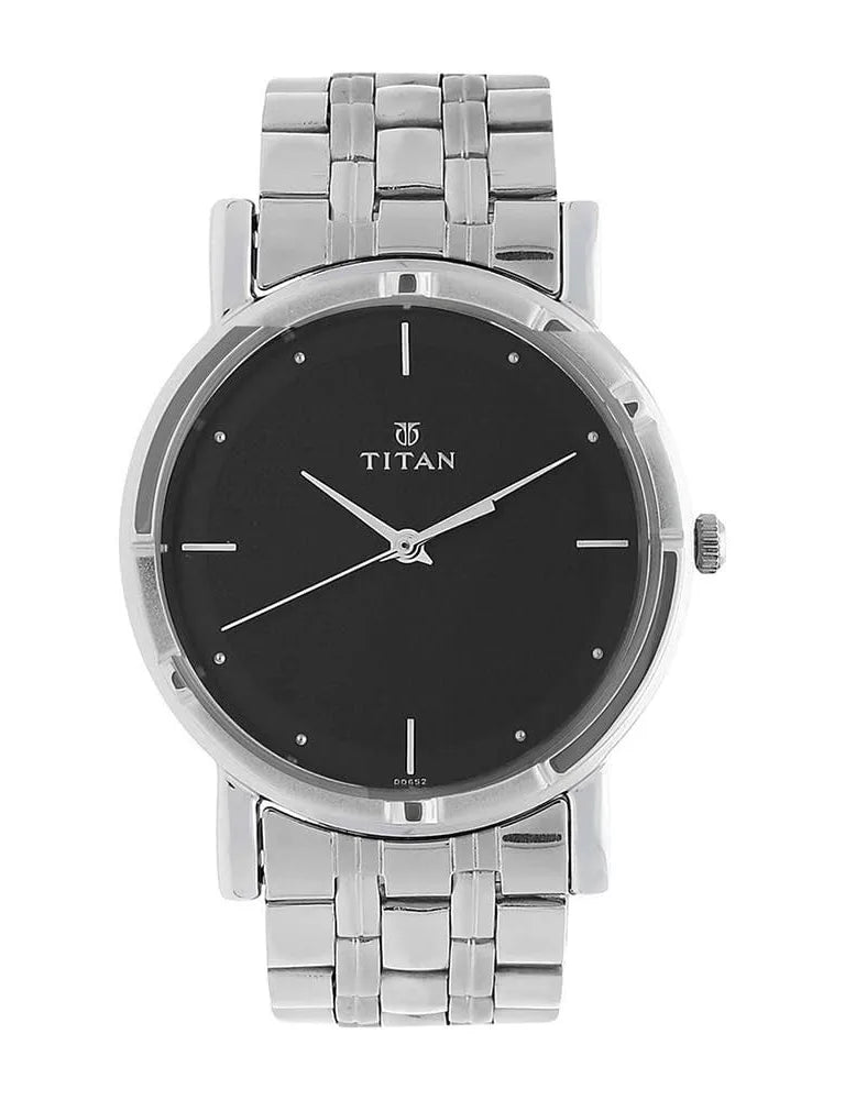 Titan Men's Analog Watch – Black Dial with Stainless Steel Silver Strap | Minimalist Premium Design