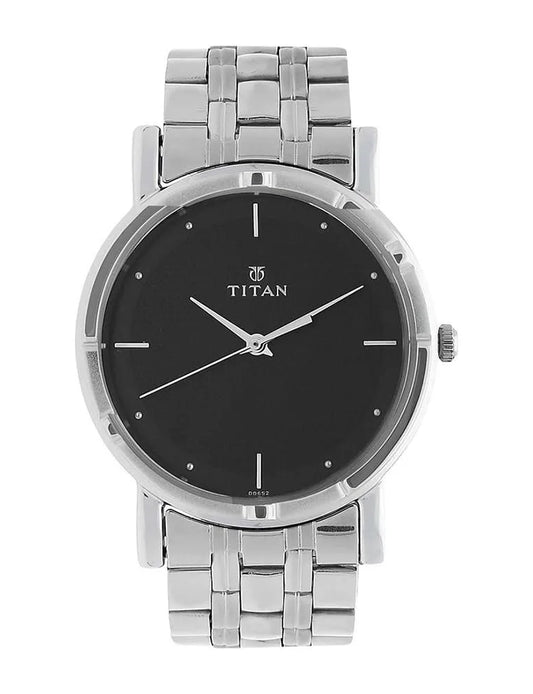 Titan Men's Analog Watch – Black Dial with Stainless Steel Silver Strap | Minimalist Premium Design